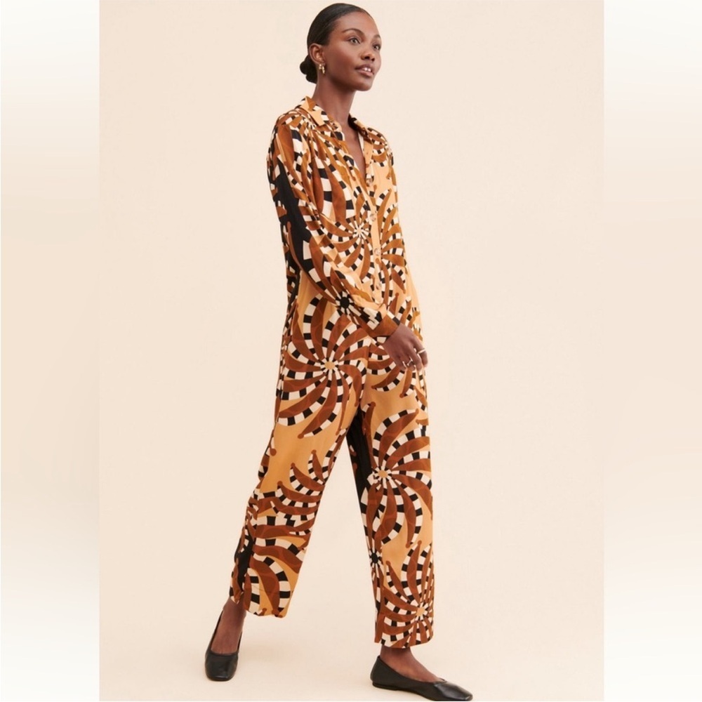 FARM Rio Mixed Banana Geometric Print Jumpsuit Button Down Long Sleeve Small